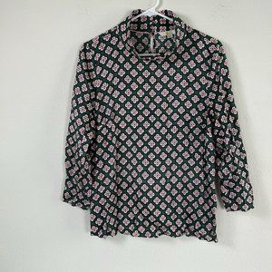 Boden Top Womens Size 8 8R Green Lily Tile 3/4 Sleeve Mock Neck Viscose Blouse
